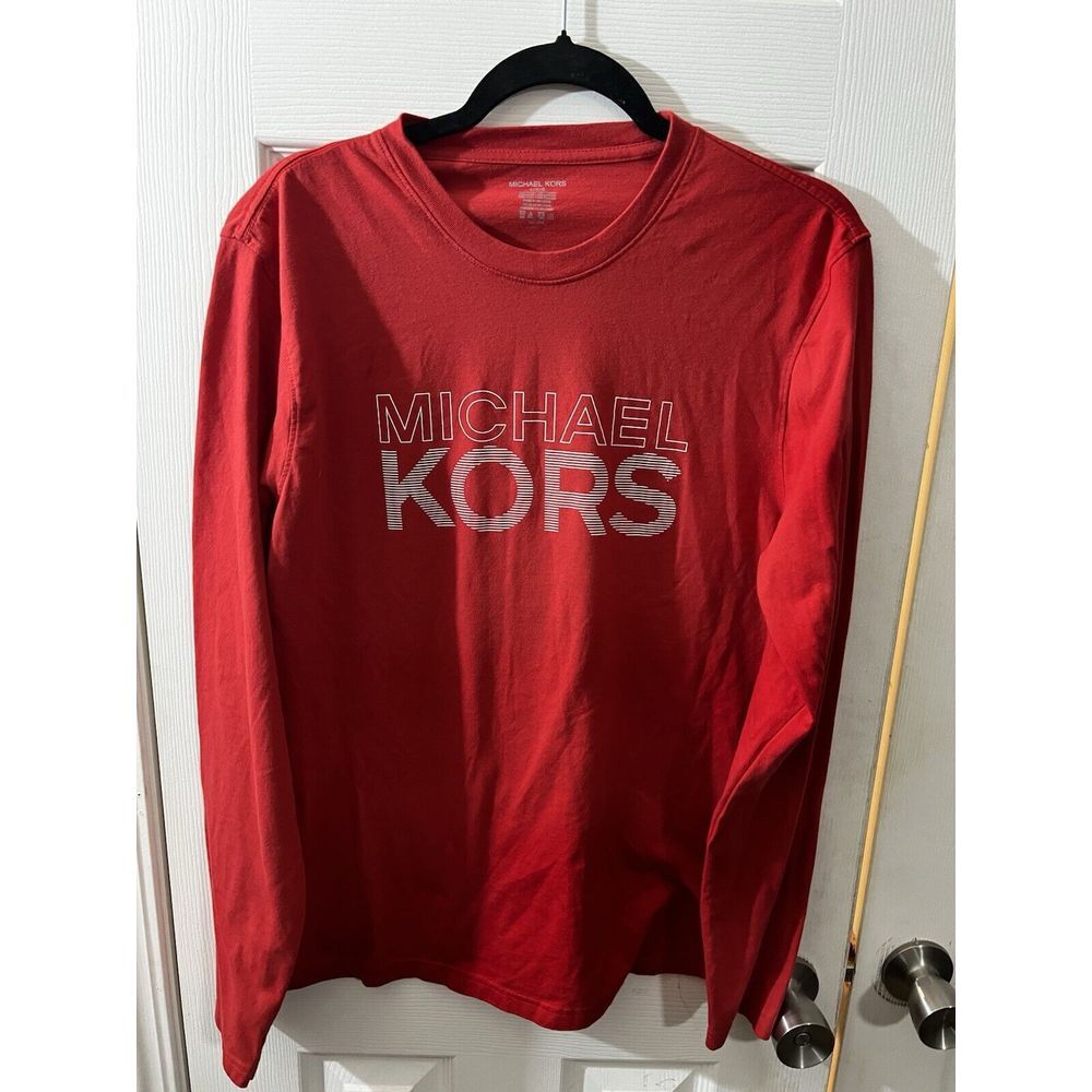 Michael Kors Shirt Mens Large Red Graphic Crew Neck Long Sleeve Stretch